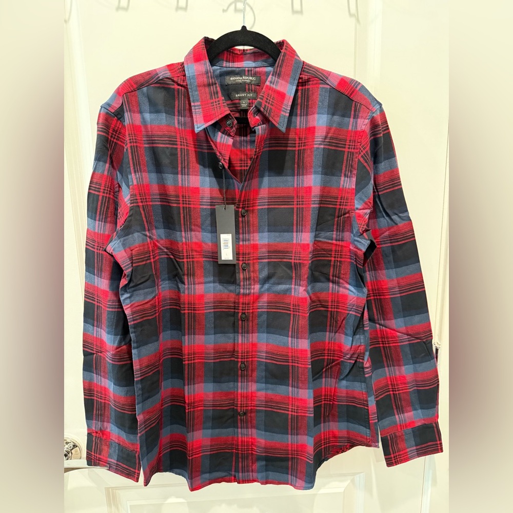 NWT Banana Republic Men's Luxe Flannel Red and Blue Plaid Shirt